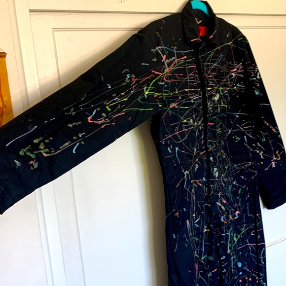 Vintage 90s Red Kap black utility coveralls, puffy paint splatter design - Picture 6 of 15